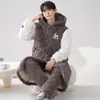 Pijama Masculino Acolchoado de Veludo Coral Três Camadas Outono e Inverno Veludo Espessado Pijama Longo com Capuz Roupas de Casa de Inverno