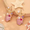 Pendientes de Aleación Rosa con Forma de Estrella de Mar, Diamante y Perla, Estilo Vacacional Transfronterizo, Personalizados, Pendientes de Joyería de Alta Gama para Verano