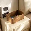 Cesta de Almacenamiento Tejida de Paja con Doble Asa Cesta de Almacenamiento para Mesa de Café y Snacks Organizador de Artículos Varios Tejido a Mano Caja Organizadora Cesta de Almacenamiento para Cosméticos