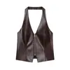Moda Casual Transfronteriza Europea y Americana Tops de Cuero Aliexpress Ropa para Mujer sin Mangas Cremallera Transfronteriza Cuello Halter Chalecos Europeos y Americanos
