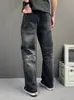 Jeans de Mezclilla Gris Desgastado Oscuro High Street para Hombre Bigotes de Gato Lavados Pierna Ancha Pantalones Largos Hipster Genial Tendencia Marca