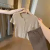 Camiseta de Tricô de Seda de Gelo Cor de Aveia Estilo Old Money com Manga Curta para Mulheres, Roupa de Verão Única e Bonita, Top de Caimento Perfeito
