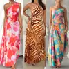 Moda de Verano para Mujer para Comercio Exterior, Estilo Europeo y Americano, Sitio Independiente, Aliexpress, Vestido de Tirantes Cruzados Plisado Estampado de Un Solo Hombro Sin Mangas Inspirado en Diseñador