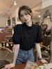 Foto Real Blusa Sencilla Francesa Plisada de Manga Abullonada para Mujer Camisa Retro Nicho Chic Camisa Holgada 81287