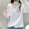 200g Veludo Sol 94 Poliéster 6 Elastano Estilo Coreano Gola V Manga Longa Camiseta Feminina Outono Levemente Transparente Top Solto Camada Base