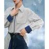 Pedido em Conjunto2026 Primavera Nova Camisa Casual Texturizada com Listras Color-Block e Design que Marca a Cintura para Mulheres