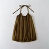 Vestido de Férias Cor Pura Sexy Decote V Costas Nuas Alça no Pescoço Feminino Verão Retrô Saia Curta de Renda Bud Saia de Alça