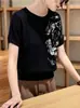 2026 Verano Nuevo Estilo Gama Alta Negro Estampado Cuello Redondo Manga Corta Camiseta Mujer Holgada Adelgazante Versátil Top