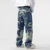 Calça jeans xadrez mosaico masculina, tendência para todas as estações, corte reto solto, estilo wide leg high street, calça longa americana única