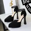 6861 Sapatos Femininos Estilo Europeu e Americano com Salto Super Alto e Bloco, Plataforma Impermeável, Design Vazado em Camurça, Bico Fino, Boca Rasa, Sandálias de Tira Única para Mulheres
