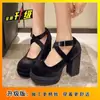 Tacones Altos Negros para Mujer Otoño Correa con Lazo Mary Jane Suela Gruesa Tacón Grueso Zapatos Pequeños de Cuero Impermeables Plataforma Zapatos Barbie