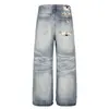 G60106 Calle Principal Estilo Americano Unisex Calle Parches Diseño Estampado Leopardo Jeans Rectos Sueltos Vintage para Hombre