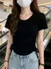 Camiseta de Manga Corta para Mujer, Nuevo Estilo de Verano, Diseño Irregular con Cordón, Corte Ajustado, Top Interior de Cuello Redondo a la Moda