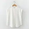 Camisa branca de algodão puro com dupla camada de gaze, estilo japonês, fresca e simples, com gola alta pequena, camisa de algodão listrada solta e artística de manga curta para mulheres