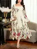 Vestido Novo de Outono Floral com Decote Quadrado, Mangas Longas Flare, Babados, Caimento Solto, Emagrecimento, Elegante, Tamanho Plus, Transfronteiriço, Em Estoque
