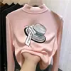 Camiseta de manga larga con forro polar para niña, capa interior de otoño e invierno, top infantil de cuello semi-alto con estampados de dibujos animados