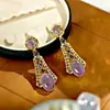Pendientes Largos de Lujo Accesible Franceses, Pendientes Retro de Cristal Morado, Pendientes de Piedra Ojo de Tigre con Diamantes, Estilo Elegante de Alta Gama para Mujer