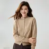 Cardigã de cashmere intelectual de gola alta para outono e inverno para mulheres, de abotoamento simples, suéter de tricô macio e elegante, peça básica de alta qualidade