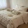Juego de cuatro piezas de algodón y lino estilo 'old money' vintage francés, juego de ropa de cama fresco pastoral de lujo ligero con funda de edredón, sábana y sábana bajera