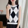 Novo suéter de malha 100% lã para outono e inverno feminino, colete de tricô gola redonda, sem mangas, bloco de cores em formato de losango, caimento solto, top sem mangas