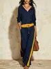 Conjunto feminino de duas peças transfronteiriço europeu e americano 2026 com acabamento amarelo contrastante, gola semiaberta, top com zíper e calça pantalona de cintura alta com caimento fluido