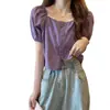 Verão 2026 Novo Estilo Roxo Chique Top Curto Camisa com Gola Quadrada Francesa Expondo a Clavícula e Mangas Bufantes