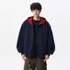 Sudadera con capucha de punto azul marino para hombre, sudadera deportiva holgada de otoño, chaqueta con cremallera rígida de alta resistencia, moderna