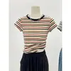 Tops Retro Estilo Hong Kong para Verano Camiseta de Rayas en Contraste para Mujer Cuello Redondo Estilo Coreano Hombro Delgado Mangas Cortas