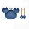 Juego de Alimentación de Silicona para Bebé de 4 Piezas, Plato con Ventosa de Cangrejo, Babero, Cuchara y Tenedor de Madera, Autoalimentación para Niños Pequeños