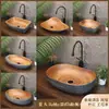 Lavabo de encimera retro con veta de madera sintética, lavabo creativo grande de forma ovalada para balcones de casa de huéspedes