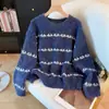 Suéter de punto grueso retro casual estilo coreano con bloques de color y rayas, cuello redondo para mujer, nuevo tejido versátil de otoño e invierno suelto para mujer