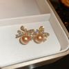 Brincos de pérola com laço de flor de diamante, brincos versáteis de alta qualidade, brincos de luxo acessíveis e retrô franceses