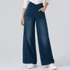 Pantalones vaqueros de punto elástico en cuatro direcciones, estilo europeo y americano, superventas transfronterizo, de cintura alta, pierna ancha, corte recto, holgados, informales para mujer