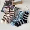 Meias Listradas para Mulheres, Estilo Fino de Primavera e Outono, Série Miu, Borda Enrolada de Camada Dupla, Meias Tendência de Cano Médio para Mulheres