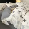 Juego de Ropa de Cama Retro de Gasa Arrugada con Encaje de Cuatro Piezas, Funda de Edredón Amigable con la Piel, Juego de Sábanas de Tres Piezas para Dormitorio, Ropa de Cama Estilo Sábana Ajustada