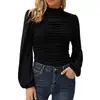 Camiseta de Manga Larga con Mangas de Farol, Cuello Alto, Plisada, Ajustada, Color Sólido, Ropa para Mujer, Transfronteriza Europea y Americana, Nueva en Amazon, Primavera 2024
