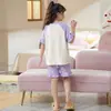 Pijama Feminino Infantil Desenho Animado Fino Manga Curta Algodão Puro Crianças Médias e Grandes Roupa Casual de Casa Verão Conjunto Pai e Filho