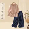 342 Conjunto#Cânhamo Algodão Linho Conjunto Completo Mulher Verão Camisa de Linho Calça de Perna Larga Casual Roupa de Mãe Conjunto de Duas Peças