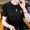 Camiseta de Manga Corta de Seda Helada Transfronteriza para Hombre, Marca de Alta Gama de Moda, Estilo Masculino de Media Manga, Camiseta Jacquard Casual de Tacto Helado para Hombre