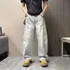 Nuevos jeans de verano para hombre, estilo americano moderno, color claro, lavados, retazos vintage, con caída, ligeros, holgados, pierna ancha curva