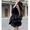 Vestido Alça Preto com Babados Feminino Verão Sem Mangas Saia Elegante Bolo Tutu Saia Saia Preta Escura