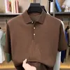 Camiseta Tricotada de Manga Curta Masculina de Verão Camisa Polo Jacquard Fresca de Seda Linho Tencel Algodão para Homens