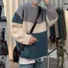 Suéter masculino colorblock, solto, fino, tendência de outono, personalidade, camisa de fundo masculina, suéter de malha para primavera e outono, tendência de suéter japonês