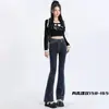 Jeans de color claro estilo americano microacampanados para mujer, otoño e invierno, cintura alta, terciopelo grueso, adelgazantes, elásticos, pantalones pequeños retro de herradura