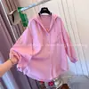 Tamanho Extra Grande 120kg Estilo Coreano Elegante Cor Sólida Casual com Capuz Proteção Solar Camisa de Verão Solta Fina para Mulheres Plus-Size