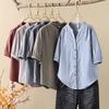 Camisa Japonesa de Gasa de Algodón de Doble Capa de Manga Tres Cuartos para Mujer Verano Retro Literaria Cuello en V Slim Rayas Verticales Top de Algodón Versátil