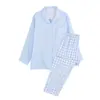 Pijama de Gasa de Doble Capa de Algodón Puro Sin Estampar, 100% Algodón, Sin Costuras Laterales, Conjunto de Ropa para el Hogar para Hombres y Mujeres, Manga Larga y Pantalón Largo, Se Puede Usar Afuera
