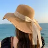 Sombrero de Paja Tejido con Cordones de Encaje para Mujer, Sombrero de Verano para Viaje con Ala Ancha, Sombrero de Protección Solar, Sombrero de Playa con Protección UV