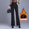 Calça preta microflare feminina, novo estilo outono/inverno 2026, corte slim, cintura alta, forrada com fleece, plus size, calça longa casual feminina