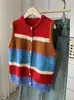 Cardigan Colete Listrado Colorido de Botão Único para Mulheres Outono e Inverno Novo Estilo Coreano Lã Quente Camada Interna Casual